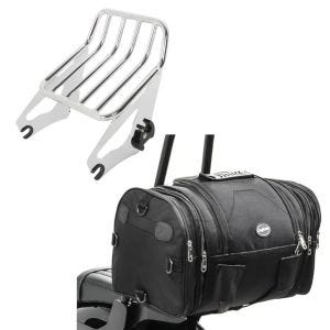 Set: Gepäckträger W1 für Harley Touring 09-20 chrom + Hecktasche RB1 Gepäckrolle für Chopper Cruiser_1