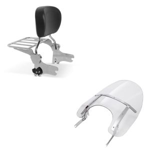 Sett: Vindskjerm egnet for Harley Davidson Road King / Classic/ Special 93-23 Craftride avtagbar + Sissy bar egnet for Harley Davidson Electra-Street-Road Glide, Road King 97-08 Craftride Fast Driver-L inkl. bagasjehylle
