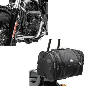 Set: Sturzbügel für Harley Davidson Sportster 2004-2020 Mustache chrom + Hecktasche RB1 Gepäckrolle für Chopper Cruiser_1