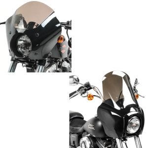 Sett: Kåpe egnet for Harley Davidson Dyna 06-17 / Sportster Forty-Eight 48 16-18 frontlysmaske Craftride Gauntlet MG4 + frontkledning egnet for Harley Davidson Dyna Low Rider / Street Bob Craftride MG5 med linse svart-røykgrå