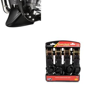 Sett: Bug spoiler motorsykkel Craftride egnet for Harley Davidson Sportster 04-20 i svart + motorsykkel strammesett ConStands med skralle og krok inkludert 4x surringsløkker i svart