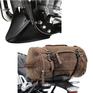Set: Bugspoiler Harley Davidson Sportster 04-20 in schwarz + Hecktasche Vintage 35L Canvas Rucksack Gepäckrolle braun_1