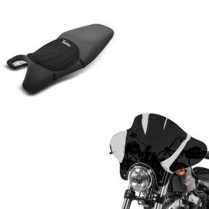 Set: Windschild Batwing für Custombikes inkl. Haltesatz dunkel getönt + Gel Sitzkissen Tourtecs Neopren M Gelkissen Sitzauflage in schwarz_1
