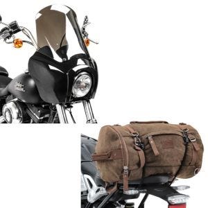 Sett: Front kåpe egnet for Harley Davidson Dyna Low Rider / Street Bob Craftride MG5 med vindu svart-røyk grå + motorsykkel hale bag vintage 25L canvas ryggsekk bagasje rull brun Craftride
