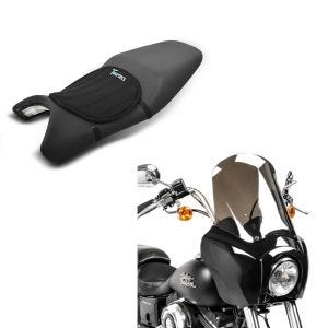 Sett: Frontkledning egnet for Harley Davidson Dyna Low Rider / Street Bob Craftride MG5 med vindu svart-røyk grå + motorsykkel gel setepute Tourtecs neopren M gel pute setetrekk i svart