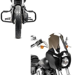 Sett: Front kåpe egnet for Harley Davidson Dyna Low Rider / Street Bob Craftride MG5 med skjerm svart-røyk grå + crash bar egnet for Harley Davidson Dyna 06-17 Craftride Moustache svart
