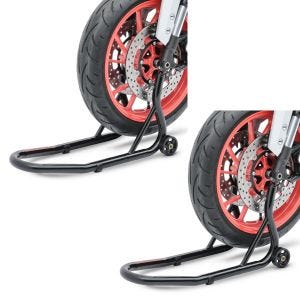 2x reparasjonsstativ forhjul ConStands Fork motorsykkelstativ med dorholder svart økonomisett