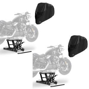 2x Motorrad Hebebühne ConStands Mid-Lift L + Abdeckplane XL Motorradheber für Harley und Chopper schwarz Spar-Set_1