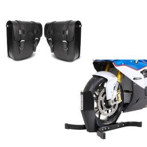 Set: Satteltaschen Texas je 10Ltr Paar rechts und links in schwarz + Motorradwippe Easy Plus Vorderradwippe Motorradständer bis 21" schwarz_1