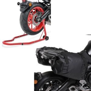Set: Seitentaschen Wasserdicht WD1 2x43l mit Rollverschluss + Hinterrad Montageständer Classic Universal rot_1