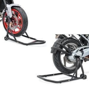 Sett: Enarmsstativ egnet for BMW R 12 NineT / R 12 2024 reparasjonsstativ Single-Classic svart + reparasjonsstativ forhjul med gummierte fester for motorsykkeljekk foran