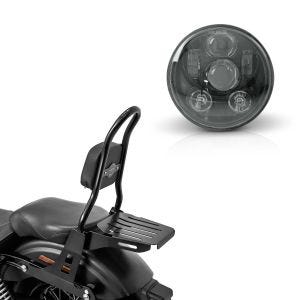 Sett: Sissy bar egnet for Harley Davidson Street Bob 09-17/LR Craftride Fast Rider-M inkl. bagasjehylle svart + LED hovedlykt 5,75 tommer egnet for Harley Davidson hovedlykt sort Craftride.