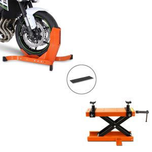 Set: Hebebühne Mini-Lift Scherenheber inkl. Gummimatte bis 500kg in orange + Motorradwippe Easy-Plus Motorradständer bis 21 Zoll orange_1