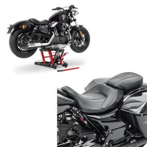 Set: Sitzbank für Harley Touring 09-21 Komfortsitzbank CV schwarz + Hebebühne Mid-Lift L Motorradheber für Harley und Chopper bis 680 k_1