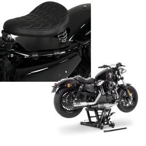 Set: Solo Federsattel mit Grundplatte SG11 schwarz + Hebebühne Mid-Lift L Motorradheber für Harley und Chopper bis 680 kg_1