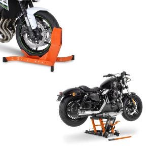 Set: Hebebühne Mid-Lift L Motorradheber für Harley und Chopper bis 680kg + Motorradwippe Easy-Plus Motorradständer bis 21 Zoll orange_1