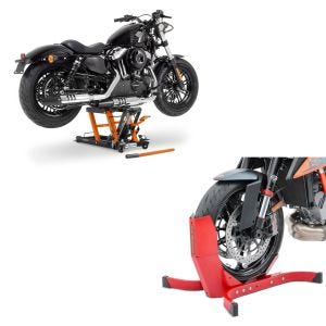 Set: Hebebühne Mid-Lift L Motorradheber für Harley und Chopper bis 680kg + Motorradwippe Easy-Plus Motorradständer bis 21 Zoll rot_1