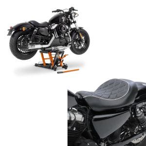 Set: Solo Sitz für Harley Davidson Sportster 04-20 SR4 Sitzbank + Hebebühne Mid-Lift L Motorradheber für Harley und Chopper bis 680kg_1