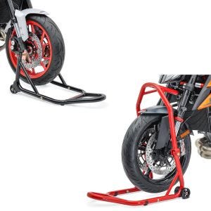 Set: Lenkkopfständer Classic 5 PIN Lenkkopf Montageständer rot + Montageständer Vorderrad mit gummierten Aufnahmen Motorradheber vorne_1