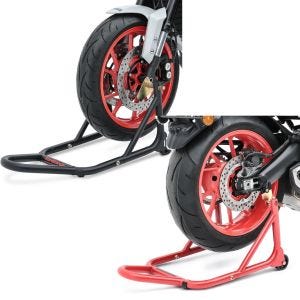 Set: Montageständer Vorderrad Evo-V mit V-Aufnahmen gefedert matt + Montageständer Basis Hinterrad rot_1