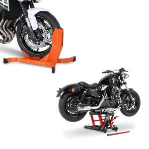 Set: Hebebühne Mid-Lift L Motorradheber für Harley und Chopper bis 680 k + Motorradwippe Easy-Plus Motorradständer bis 21 Zoll orange_1