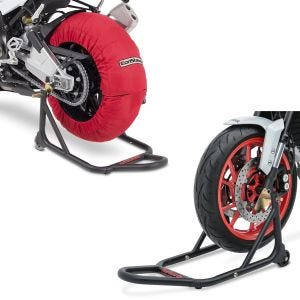 Sett: Dekkvarmersett Laguna Seca 60-80°C egnet for forhjul og bakhjul Constands + reparasjonsstativ forhjul Evo-V med V-fester, matt fjæring