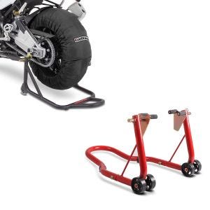 Set: Reifenwärmer Set Billown 60-80-95 °C für Vorderrad Hinterrad 17 Zoll + Montageständer Vorderrad Classic-V Motorradständer mit V-Aufnahmen rot_1