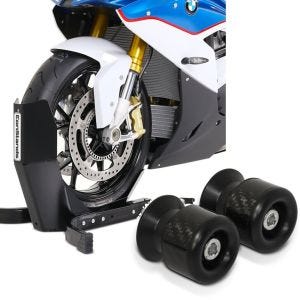 Set: Motorradwippe Easy Plus Vorderradwippe Motorradständer bis 21" schwarz + Schwingenschützer Racingadapter Bobbins für Montageständer M6-8 carbon_1