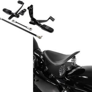 Set: vorverlegte Fußrastenanlage für Harley Sportster 04-13 in schwarz + Bobber Solositz mit Grundplatte in schwarz_1