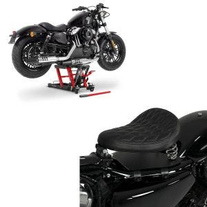 Set: Solo Federsattel mit Grundplatte SG11 schwarz + Hebebühne Mid-Lift L Motorradheber für Harley und Chopper bis 680 k_1