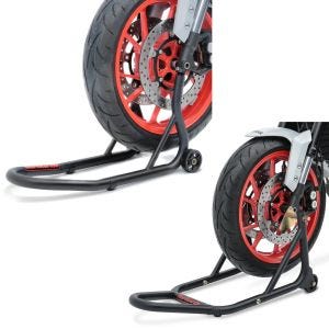 Set: Montageständer Vorderrad Fork Motorradständer mit Dornaufnahme matt + Montageständer Vorderrad Evo-V mit V-Aufnahmen gefedert matt_1