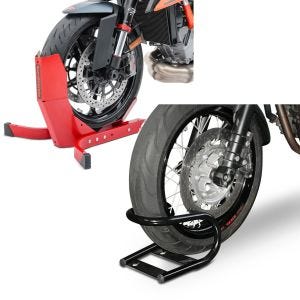 Set: Motorradwippe Easy-Plus Motorradständer bis 21 Zoll rot + Radklemme Transportvorrichtung,_1