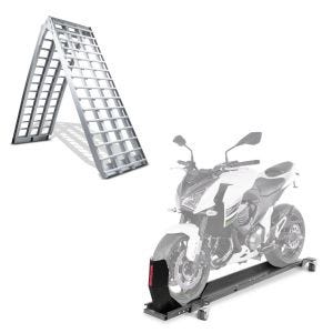 Set: Alu Auffahrrampe V, bis 680 kg, klappbar, für Motorrad, Scooter, Quad + Rangierschiene mit Wippe Smart Mover bis 450 kg in grau_1