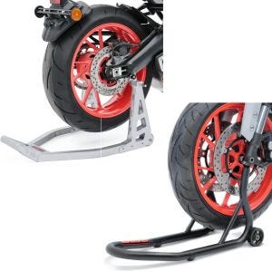 Set: Montageständer Hinterrad Superlight Racing silber + Montageständer Vorderrad Fork Motorradständer mit Dornaufnahme matt_1