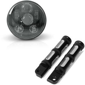 Set: LED Scheinwerfer 5,75 Zoll für Harley Hauptscheinwerfer schwarz + Fussrasten Fahrer-Sozius für Harley-Davidson FP5 schwarz_1
