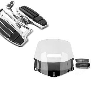 Sett: Førerløpebrett egnet for Honda Goldwing GL 1800 / F6B / F6C 01-16 fotstøtte + frontrute egnet for Honda Goldwing GL 1800 01-16 med ventilasjonsgitter klar