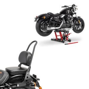 Set: Sissybar Harley Sportster 04-20 Fast Rider-M schwarz + Hebebühne Mid-Lift L Motorradheber für Harley und Chopper bis 680 k_1