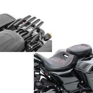 Sett: Sete egnet for Harley Davidson Touring 09-24 Komfortsete Craftride RH3 svart-rød + Avtakbar bagasjehylle egnet for Harley Davidson Road King Special 17-24 svart Craftride