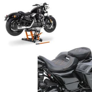 Set: Sitzbank für Harley Touring 09-21 Komfortsitzbank RH3 schwarz-orange + Hebebühne Mid-Lift L Motorradheber für Harley und Chopper bis 680kg_1