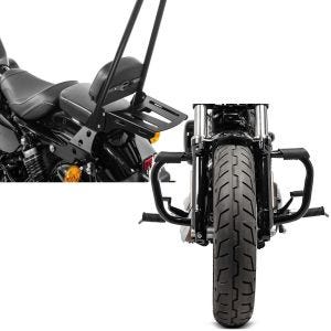 Sett: Sissy bar egnet for Harley Davidson Sportster 883 Iron 09-20 Craftride Fast Rider-XXL inkl. bagasjeholder svart + crash bar egnet for Harley Davidson Sportster 04-20 Craftride Moustache i sort.