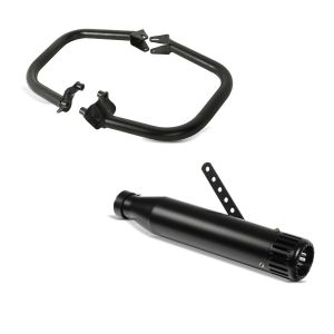 Sett: Crash bar egnet for Harley Davidson Street 750/ Rod 15-20 Craftride SR1 svart + Craftride bakre lyddemper egnet for chopper / custom sykkel eksos rett svart CB6926