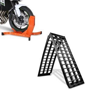Set: Alu Auffahrrampe V , bis 680 kg, klappbar, für Motorrad, Scooter, Quad + Motorradwippe Easy-Plus Motorradständer bis 21 Zoll orange_1