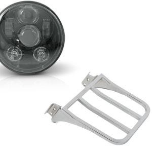 Set: LED Scheinwerfer 5,75 Zoll für Harley Hauptscheinwerfer schwarz + Gepäckträger für Harley- Sportster, Dyna, Softail chrom_1