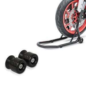 Set: Montageständer Vorderrad Fork Motorradständer mit Dornaufnahme schwarz + Schwingenschützer Racingadapter Bobbins für Montageständer M6-8 carbon_1