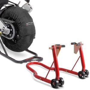Set: Reifenwärmer Set Laguna Seca 60-80°C für Vorderrad und Hinterrad + Montageständer Vorderrad Classic-V Motorradständer mit V-Aufnahmen rot_1