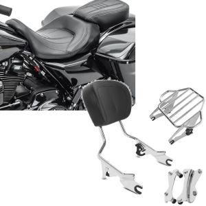 Sett: Sete egnet for Harley Davidson Touring 09-24 Komfortsete Craftride CV svart + Sissy bar med bagasjehylle KI og monteringssett egnet for Harley Davidson Touring 14-24 krom Craftride