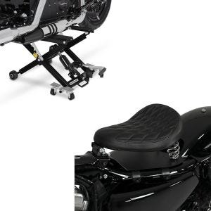 Set: Solo Federsattel mit Grundplatte SG11 schwarz + Hebebühne Mid-Lift XL Motorradheber bis 500kg in schwarz_1