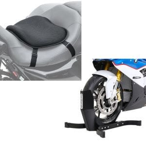 Set: Gel Sitzkissen L Komfortkissen universal in schwarz + Motorradwippe Easy-Plus Motorradständer bis 21 Zoll schwarz-matt_1