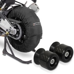 Set: Reifenwärmer Set für BMW S 1000 R / RR Billown 60-80-95°C schwarz + Schwingenschützer Racingadapter Bobbins für Montageständer M6-8 carbon_1