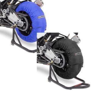 Set: Reifenwärmer Set 60-80°C für Vorderrad und Hinterrad 17 Zoll in blau + Reifenwärmer Set für Yamaha YZF-R6 YZF-R1 Laguna Seca 60-80°C schwarz_1